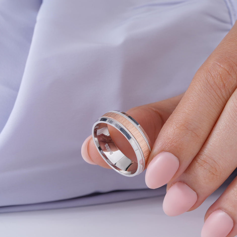 Modern Dual Finish Designer 925 Sterling Silver Rose Gold Couple Band for Men