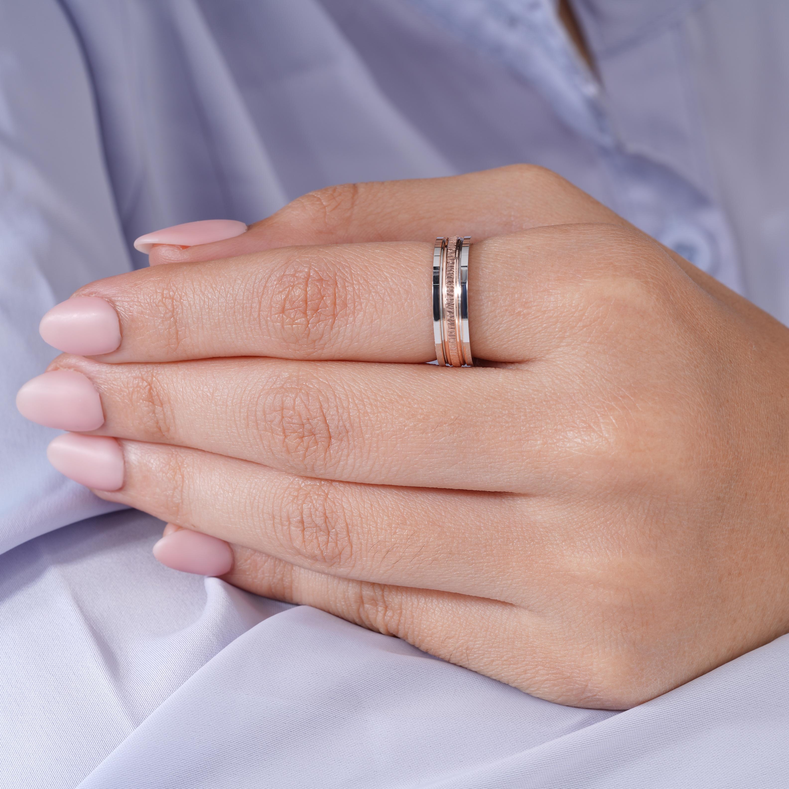 Elegant Dual-Tone Diamond Texture 925 Sterling Silver Rose Gold Couple Band for Women