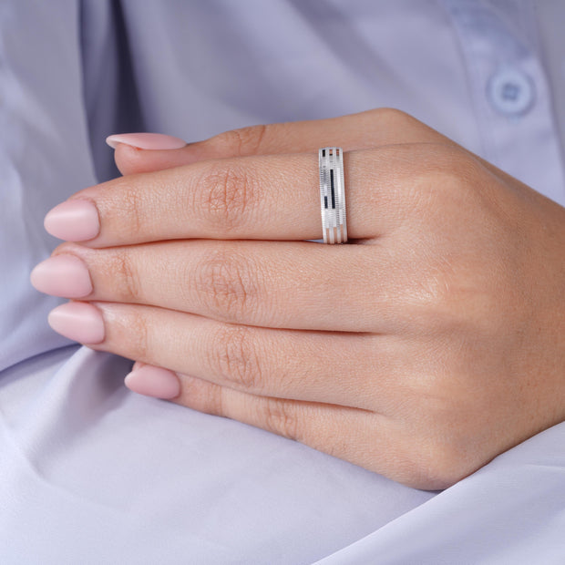 Linear Diamond Cut Textured 925 Sterling Silver Couple Band for Women