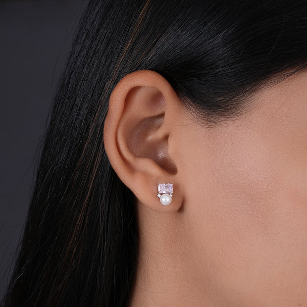 Pink Emerald Cut Diamond Design 925 Sterling Silver Stud Earrings for Women