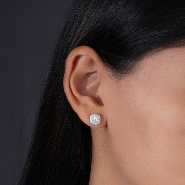 Elegant Square White Stones 925 Sterling Silver Stud Earrings for Women