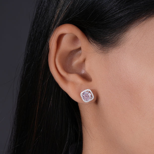 Pink Stone Cushion Diamond Square Design 925 Sterling Silver Stud Earrings for Women