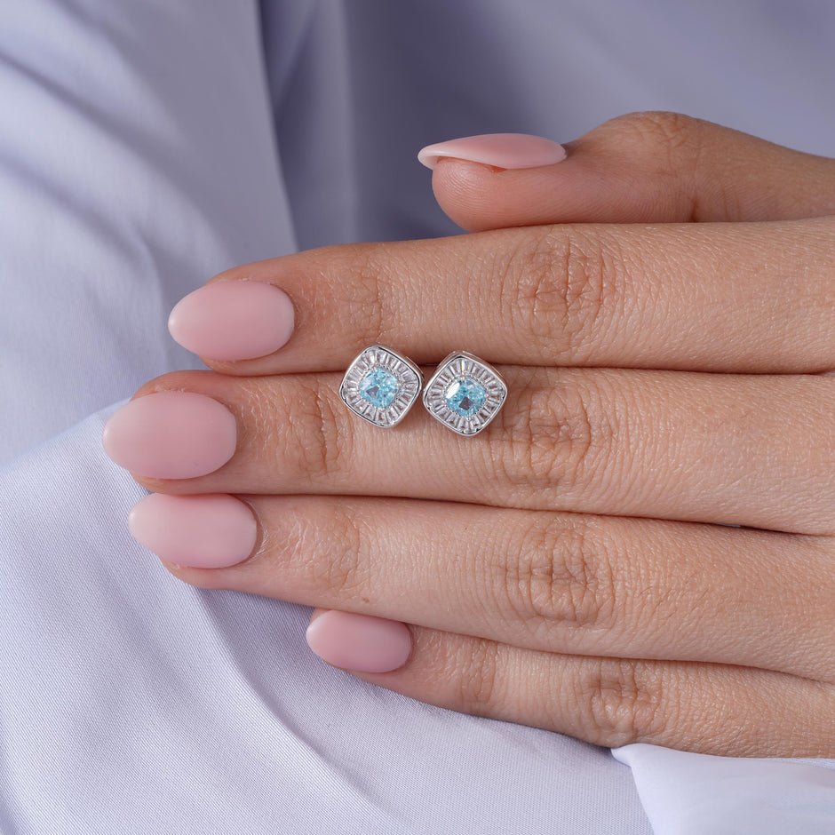 Sky Blue Stone CZ 925 Sterling Silver Rose Gold Stud Earrings for Women