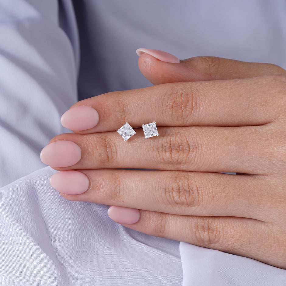 Princess Cut Diamond-Style 925 Sterling Silver Stud Earrings for Women