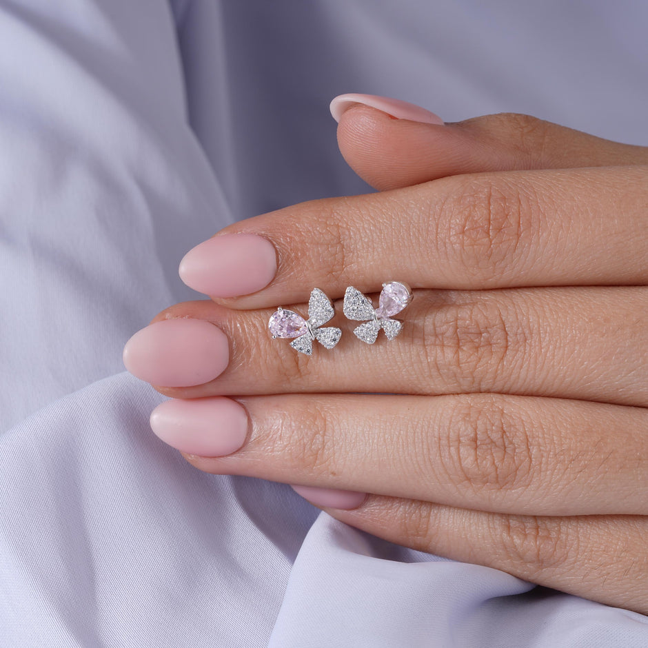 Blush Pink Stone Butterfly Design CZ 925 Sterling Silver Stud Earrings for Women