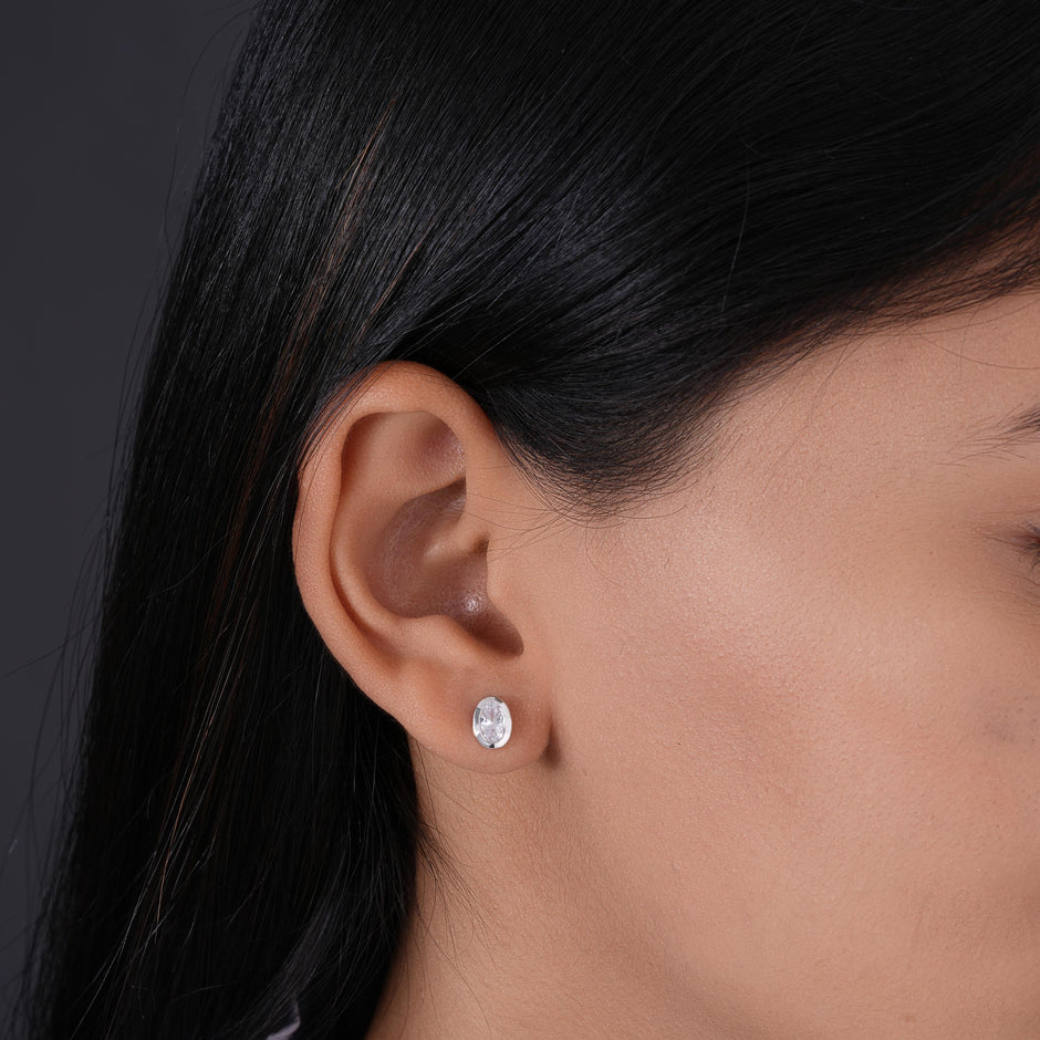 Oval Cut Diamond Round Design 925 Sterling Silver Stud Earrings for Women