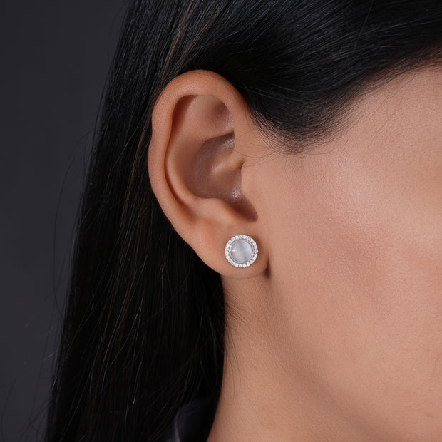 Elegant Grey Stone Round Shape 925 Sterling Silver Stud Earrings for Women