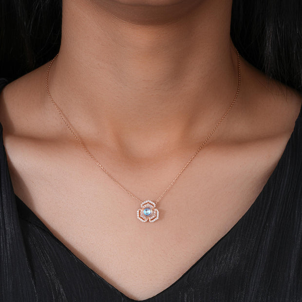 Flower Design Radiant Bloom Diamond 925 Sterling Silver Rose Gold Pendant Chain for Women