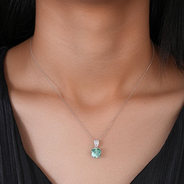 Emerald Glow Diamond-Green Stone in 925 Sterling Silver Pendant Chain for Women