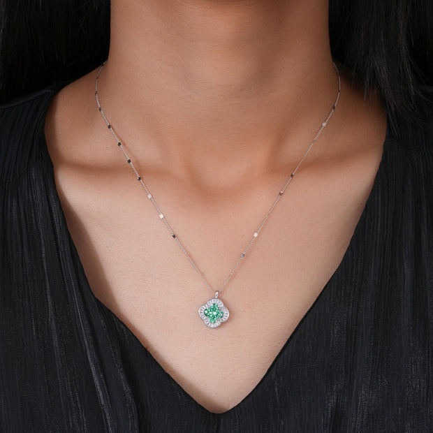 Floral Design Green Stone 925 Sterling Silver Pendant Chain for Women