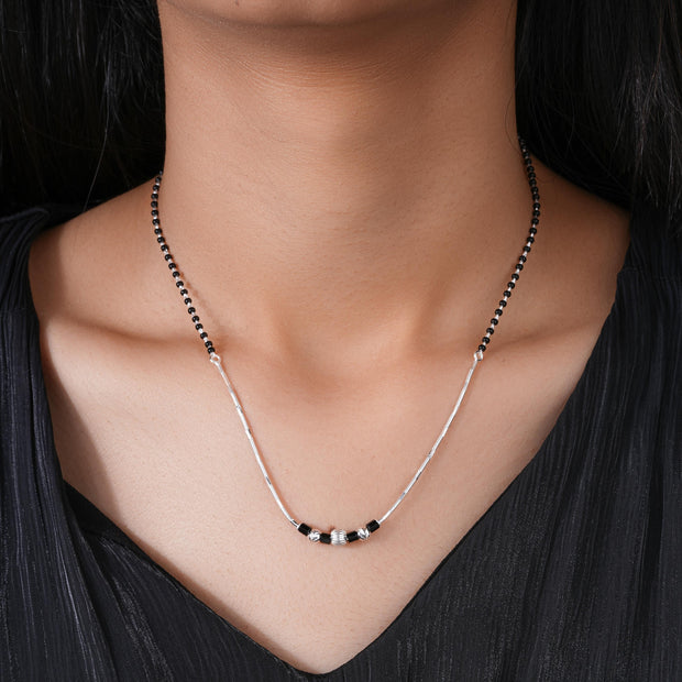 Curved Silver Black Beaded 925 Sterling Silver Mangalsutra  for Women