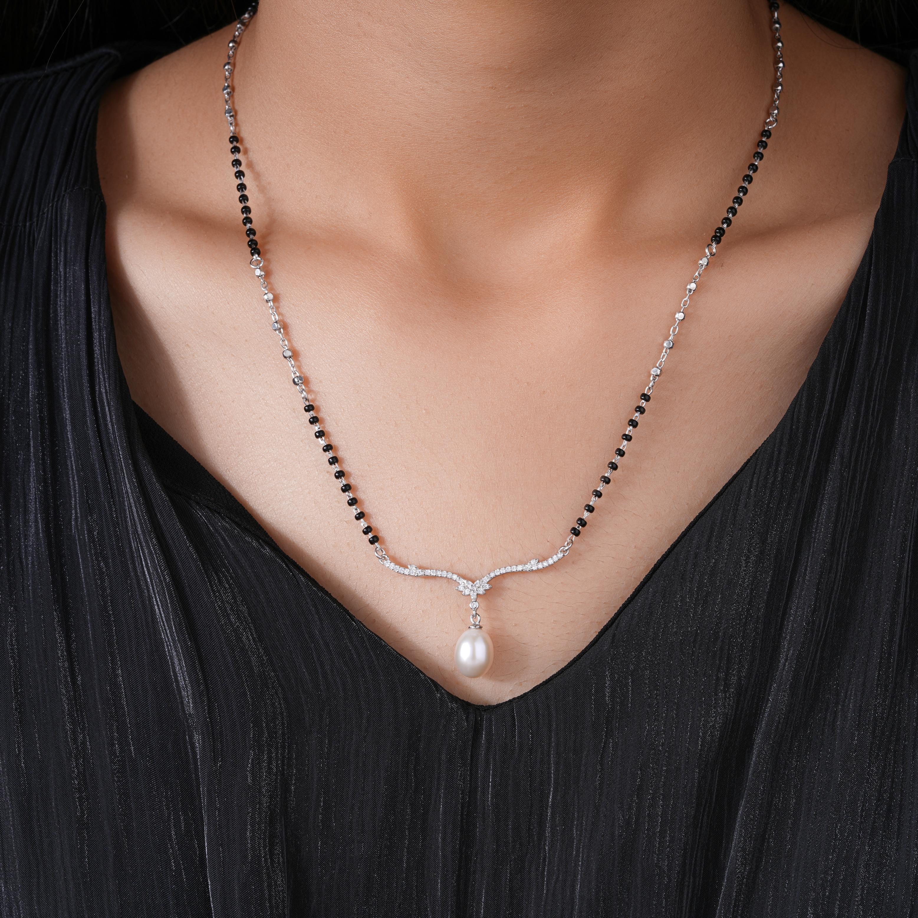 Minimal Black Bead Chain with Pearl Drop 925 Sterling Silver Mangalsutra for Women