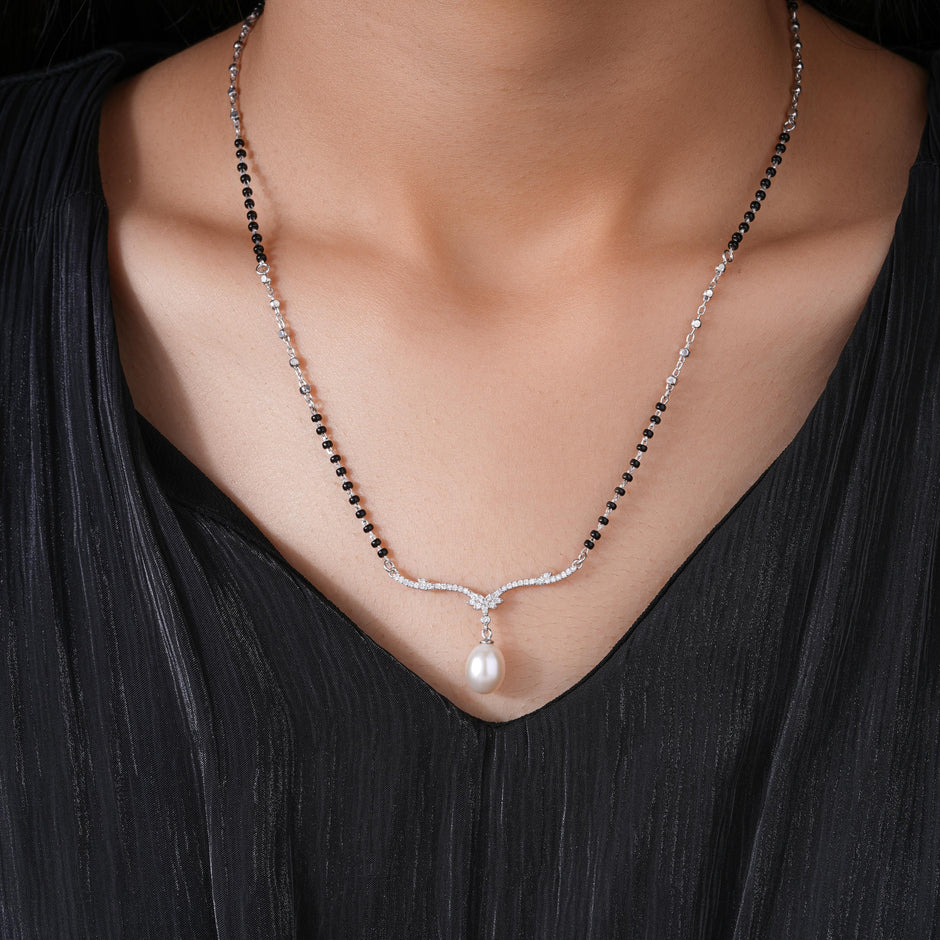 Minimal Black Bead Chain with Pearl Drop 925 Sterling Silver Mangalsutra for Women