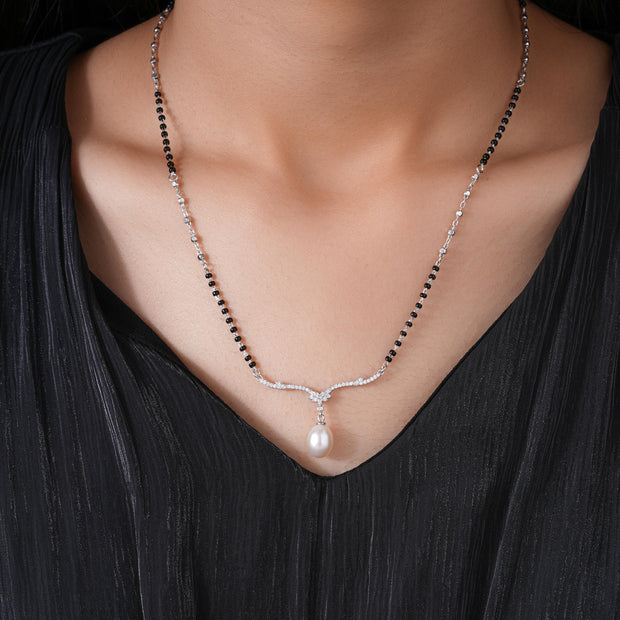 Minimal Black Bead Chain with Pearl Drop 925 Sterling Silver Mangalsutra for Women