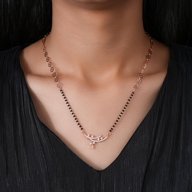 Curved Design Black Bead Chain 925 Sterling Silver Mangalsutra for Women