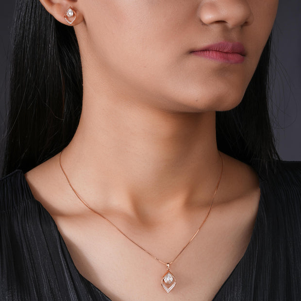 Leaf Pear Drop Diamond CZ 925 Sterling Silver Rose Gold Pendant Set for Women