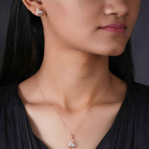 Emerald Cut Diamond 925 Sterling Silver Rose Gold Pendant Set for Women