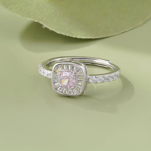 Pink Diamond Square Design 925 Sterling Silver Solitaire Ring for Women