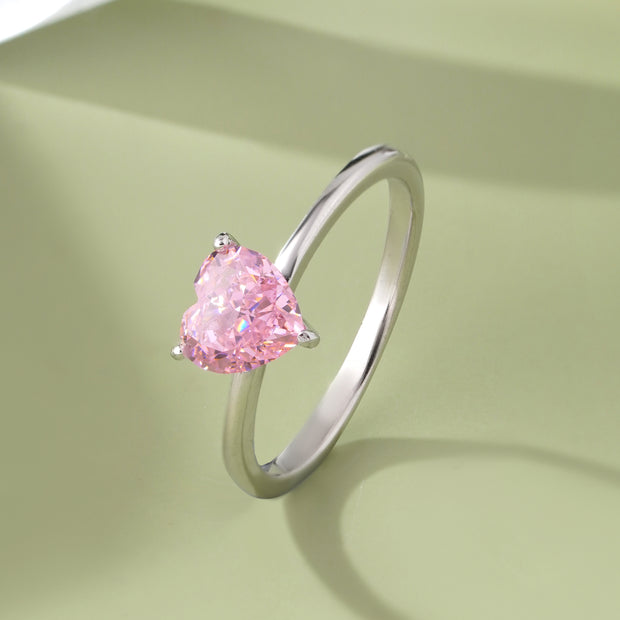 Pink Diamond Heart Design 925 Sterling Silver Ring for Women