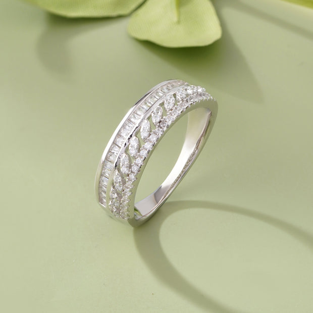 Triple Row Diamond Leaf Design 925 Sterling Silver Ring for Women