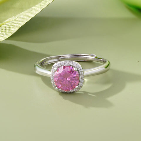 Soft Pink Diamond-Inspired Halo 925 Sterling Silver Solitaire Ring for Women