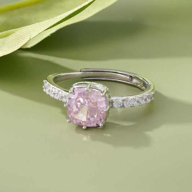 Square-Cut Pink Diamond CZ 925 Sterling Silver Ring for Women