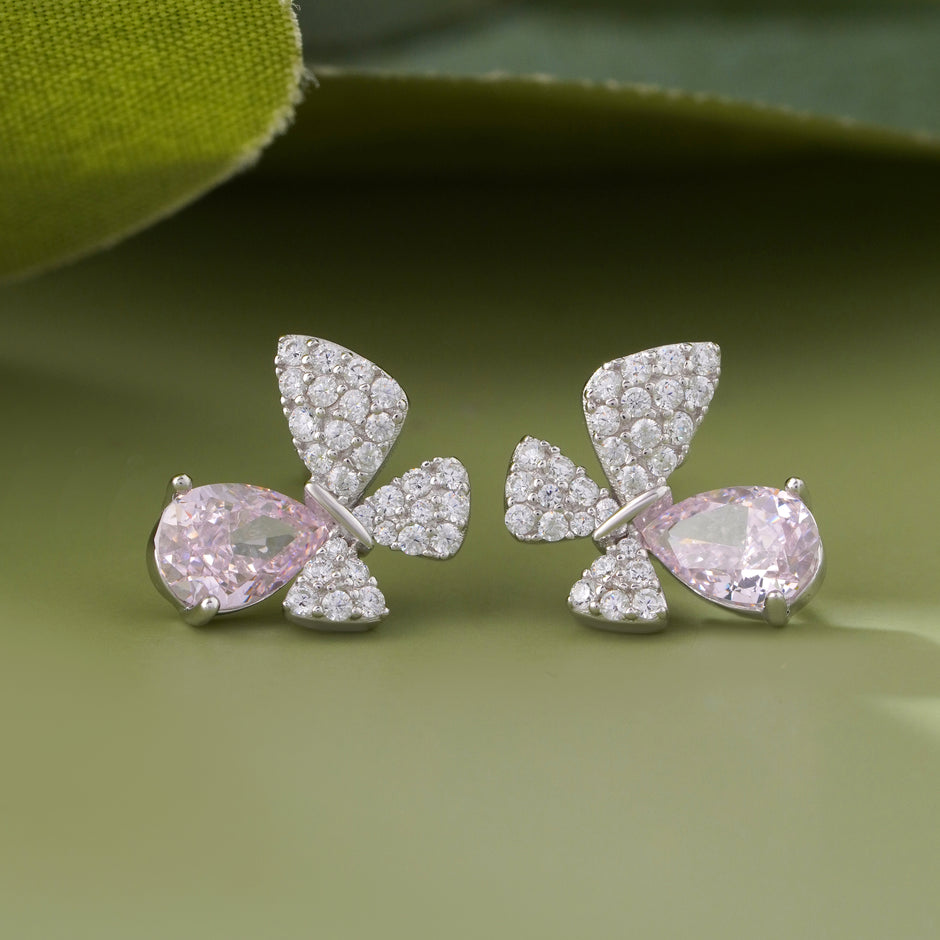 Blush Pink Stone Butterfly Design CZ 925 Sterling Silver Stud Earrings for Women