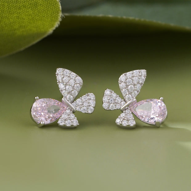 Blush Pink Stone Butterfly Design CZ 925 Sterling Silver Stud Earrings for Women