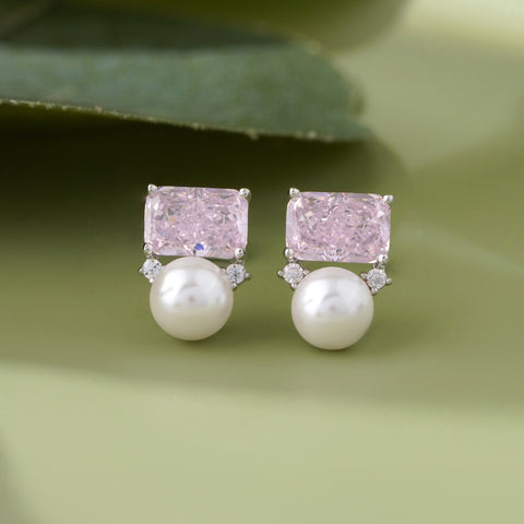 Pink Emerald Cut Diamond Design 925 Sterling Silver Stud Earrings for Women
