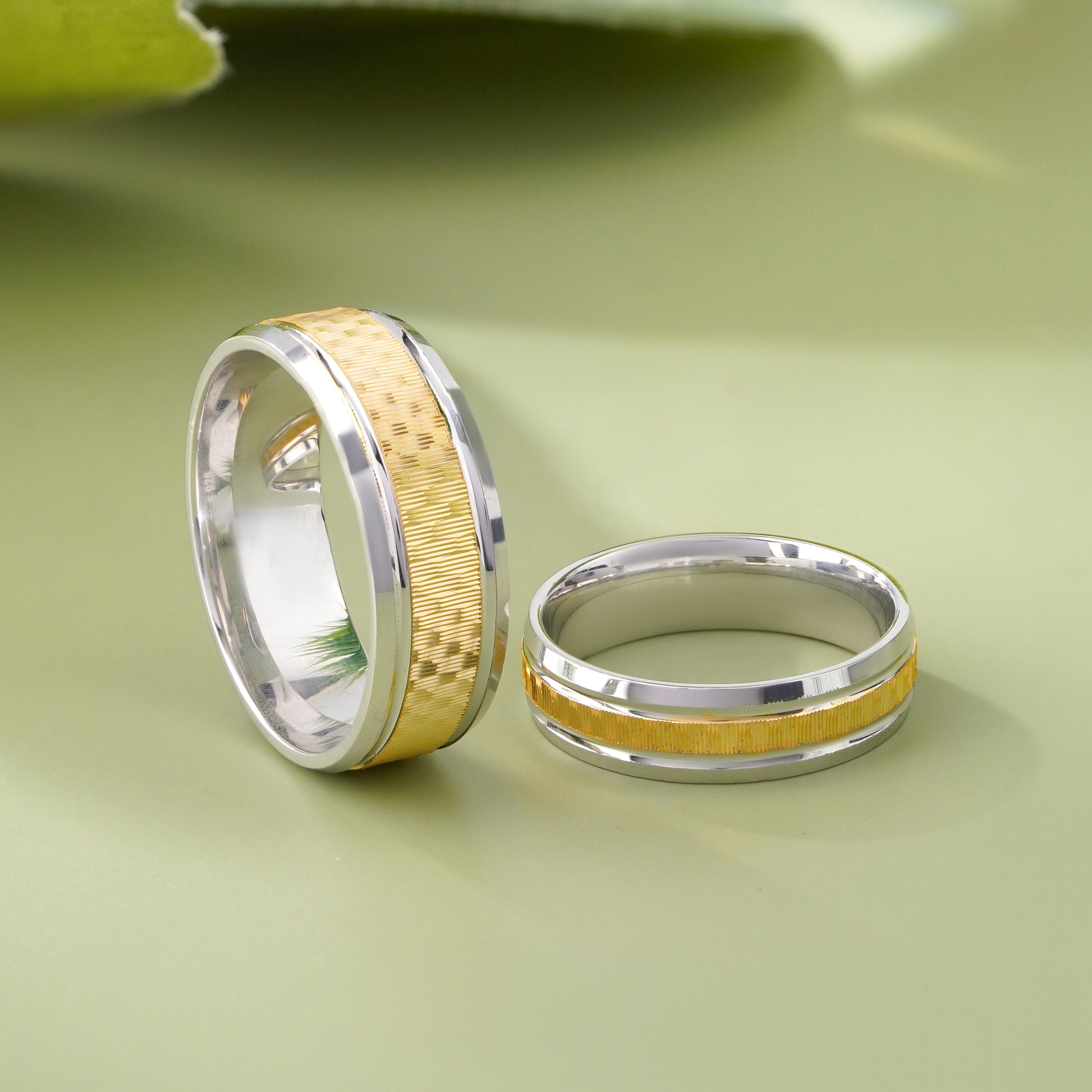 Classic Dual-Tone Diamond Texture Design 925 Sterling Silver Yellow Gold Couple Band for Women