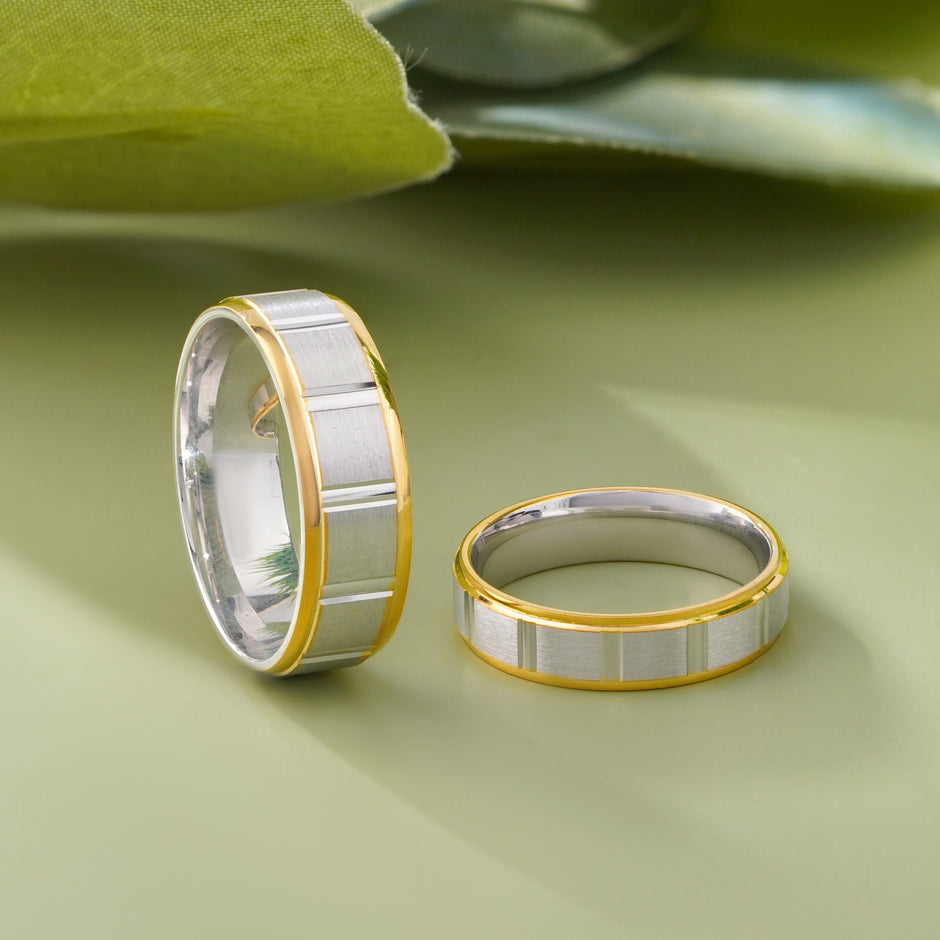 Elegant Dual Tone Geometric Design 925 Sterling Silver Yellow Gold Couple Band for Men