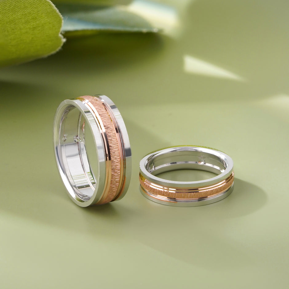 Classic Modern Two Tone Accent 925 Sterling Silver Rose Gold Couple Band for Men