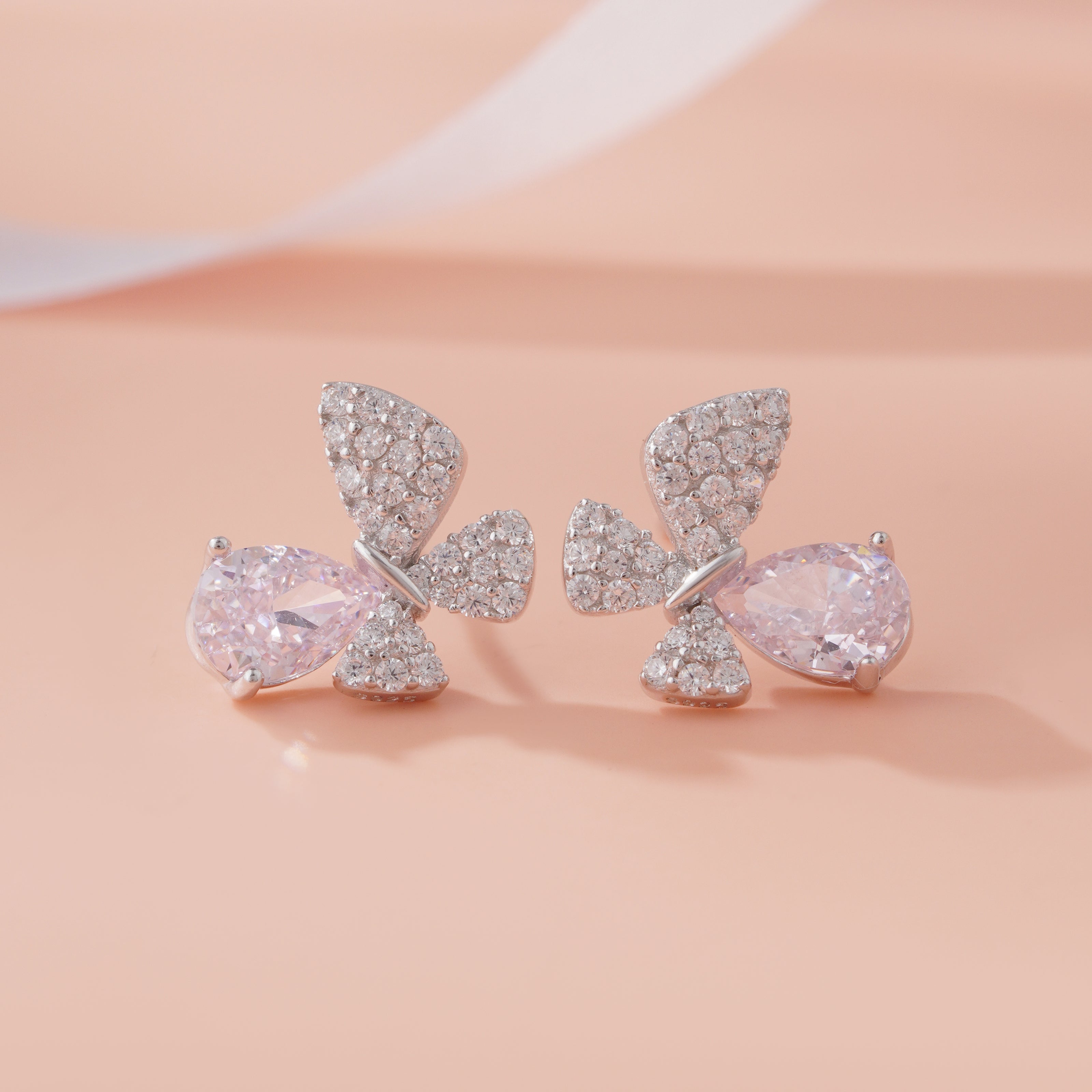 Blush Pink Stone Butterfly Design CZ 925 Sterling Silver Stud Earrings for Women