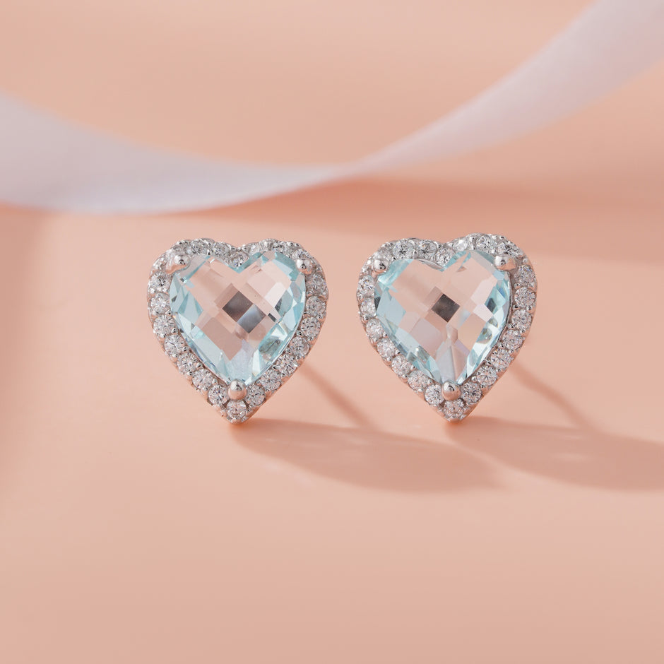 Sky Blue Stone Heart Shape 925 Sterling Silver Earrings for Women