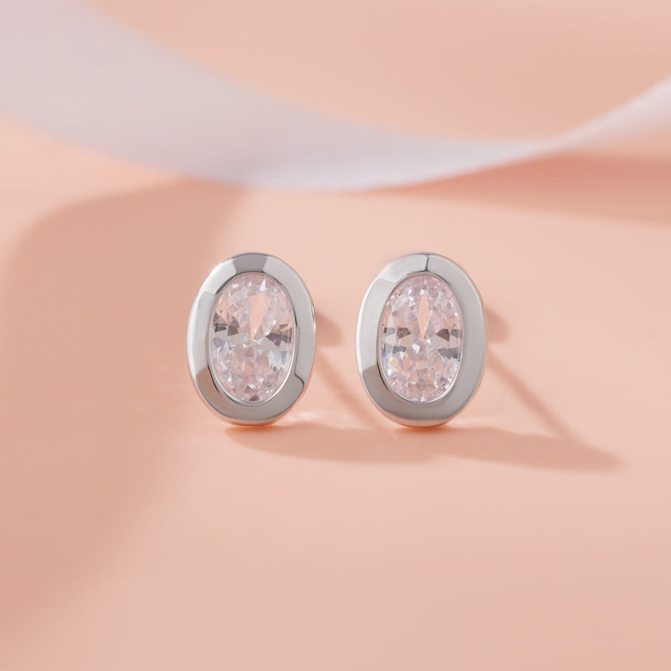 Oval Cut Diamond Round Design 925 Sterling Silver Stud Earrings for Women