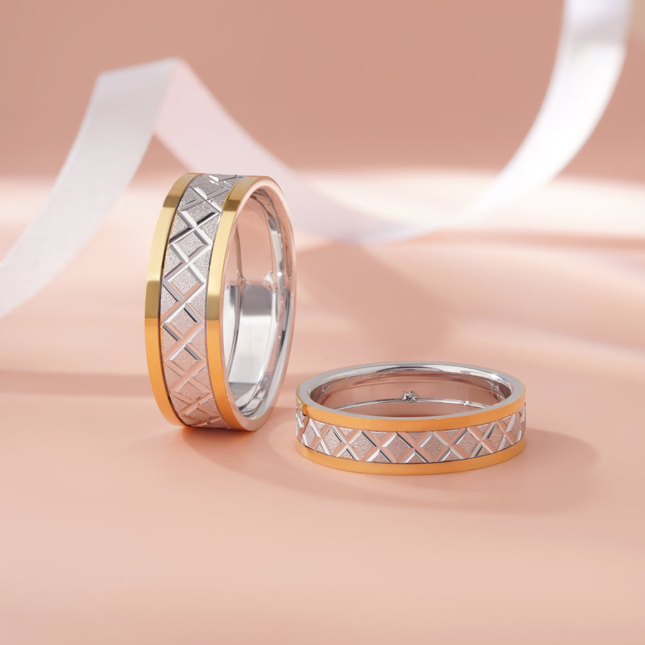 Refined Criss-Cross Design 925 Sterling Silver Yellow Gold Couple Band for Men