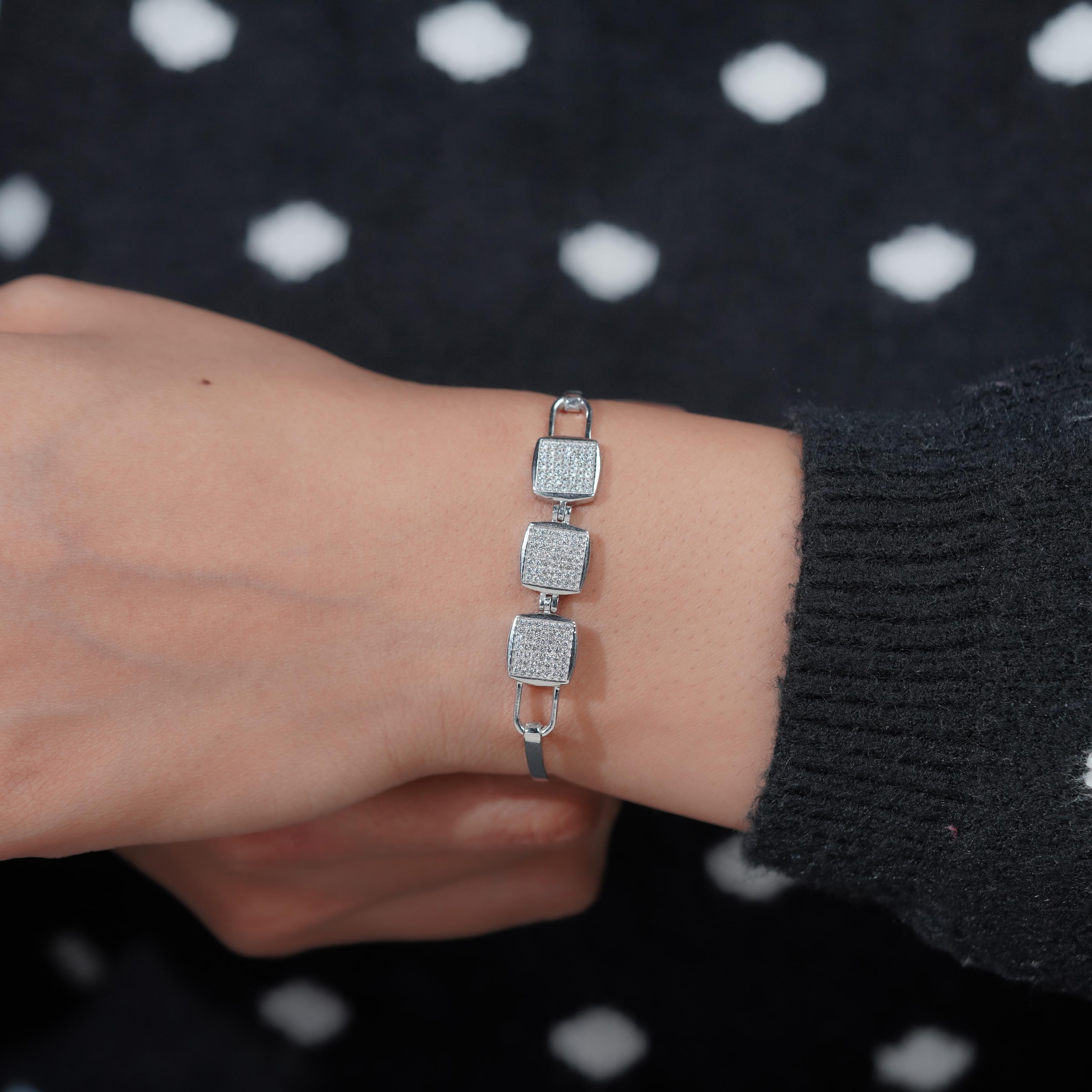 Triple Square Design CZ 925 Sterling Silver Bracelet for Women