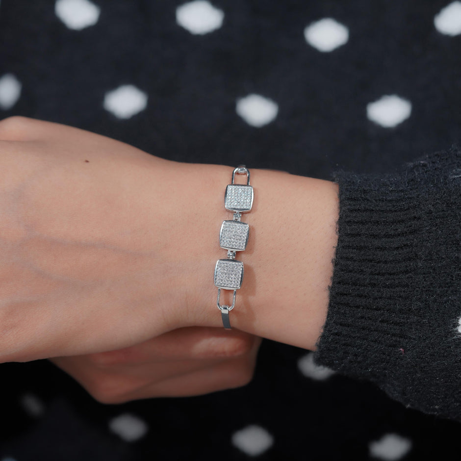 Triple Square Design CZ 925 Sterling Silver Bracelet for Women