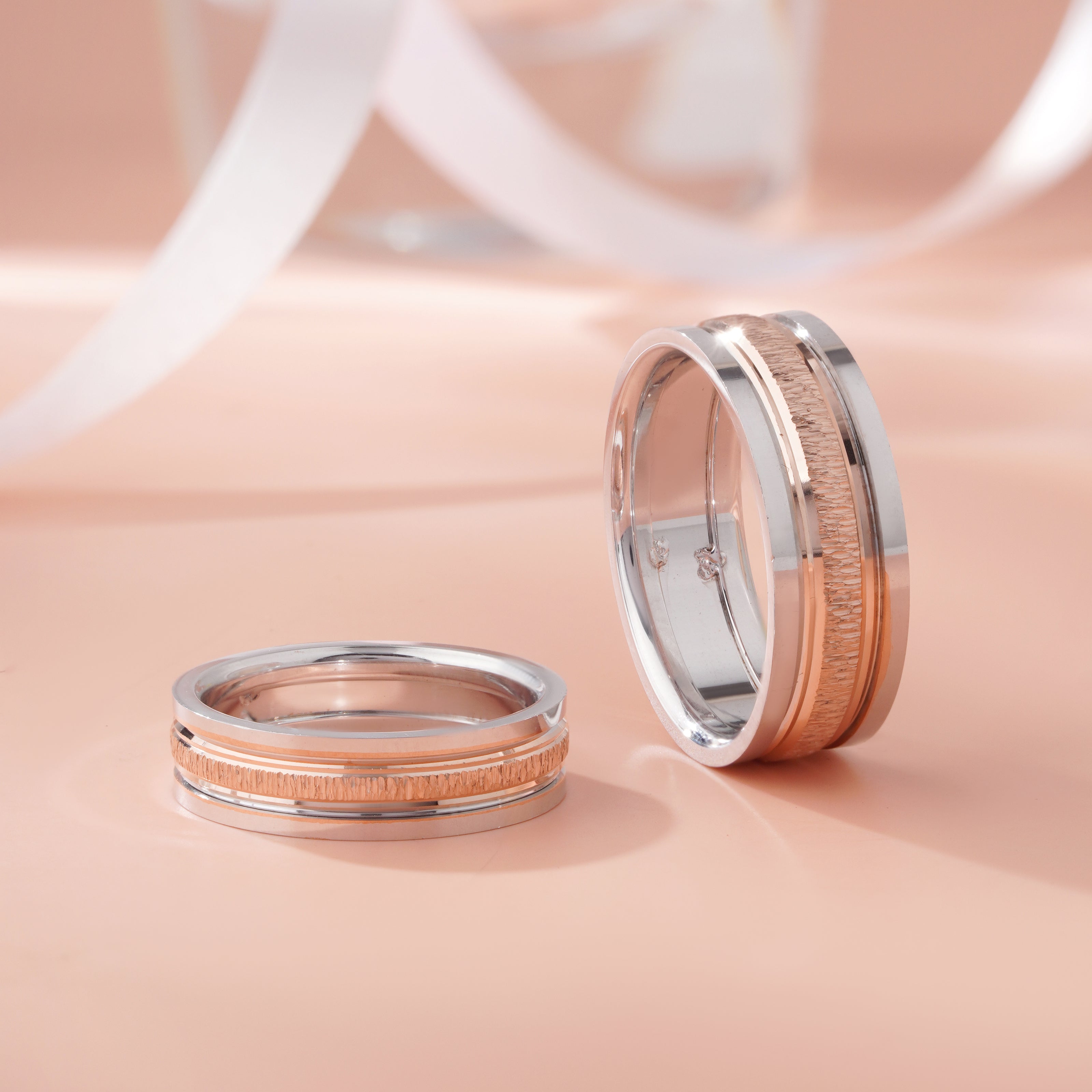 Classic Modern Two Tone Accent 925 Sterling Silver Rose Gold Couple Band for Men