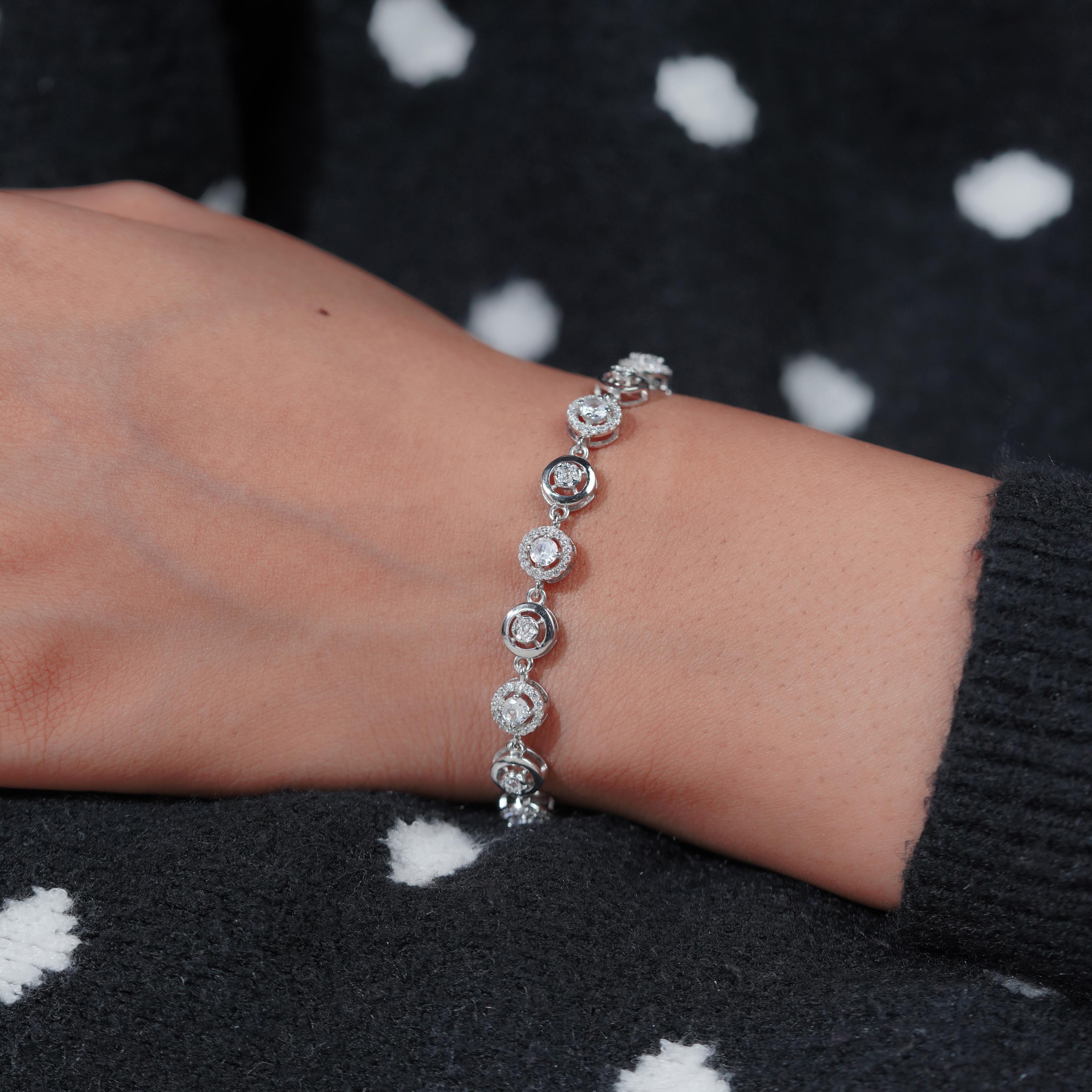 Circular Halo CZ 925 Sterling Silver Adjustable  Bracelet for Women