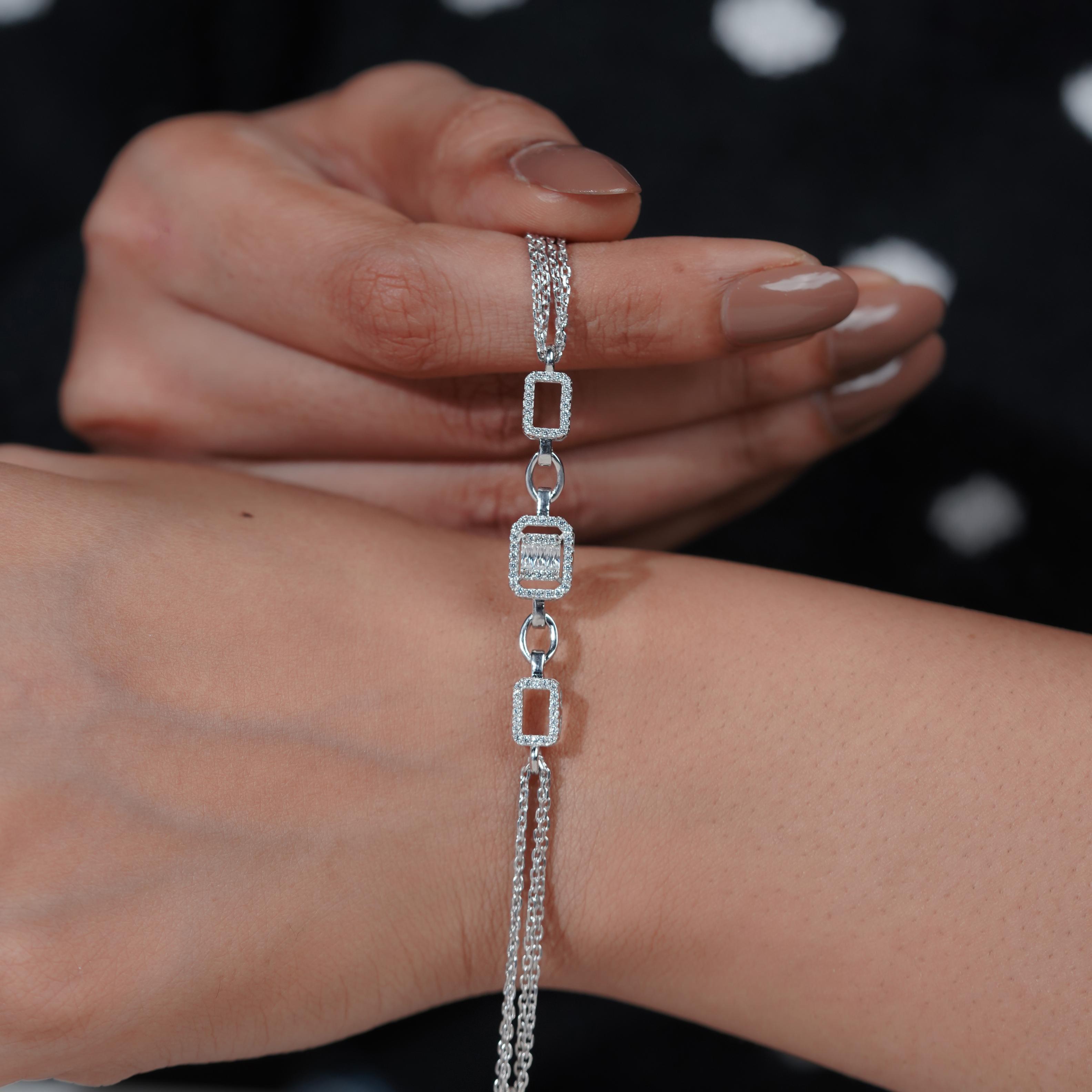 Geometric CZ Link 925 Sterling Silver Bracelet for Women
