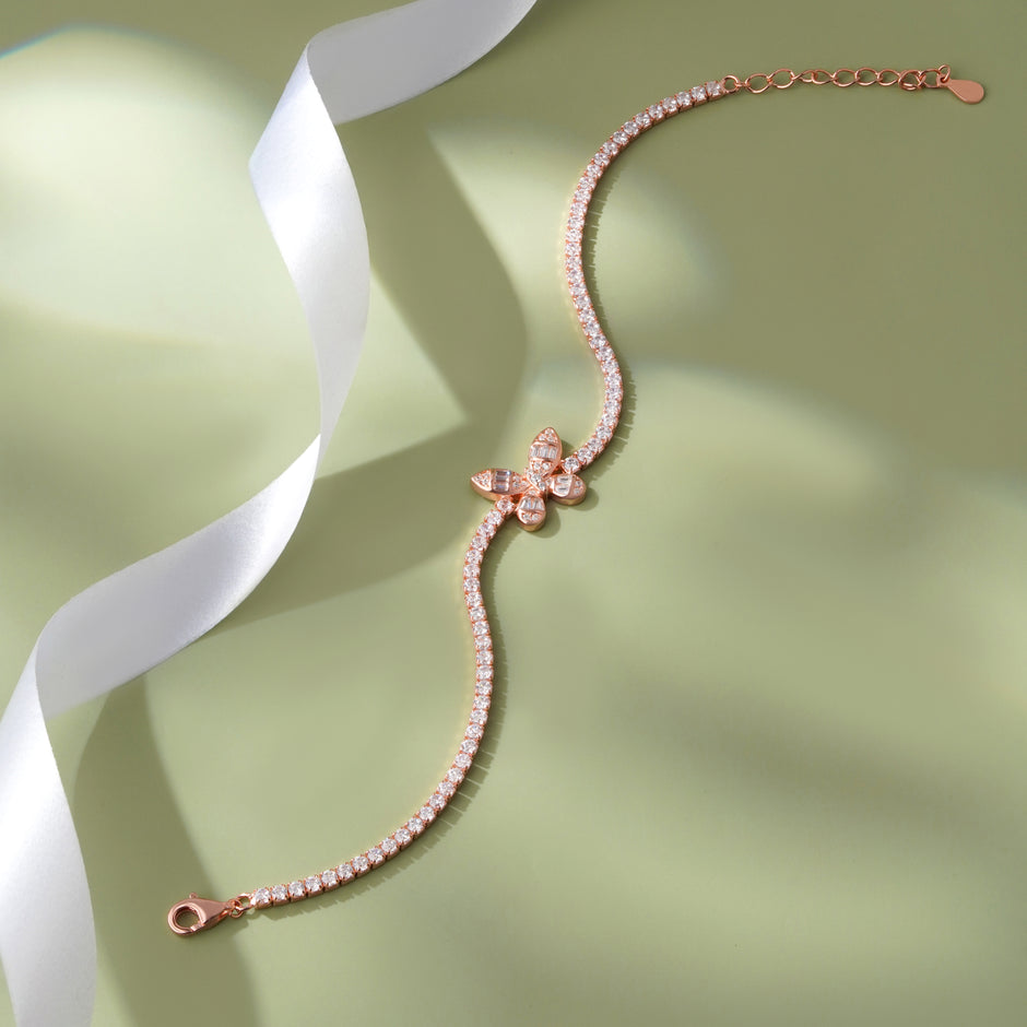 Flutter Butterfly Diamond 925 Sterling Silver Rose Gold Adjustable Bracelet for Women