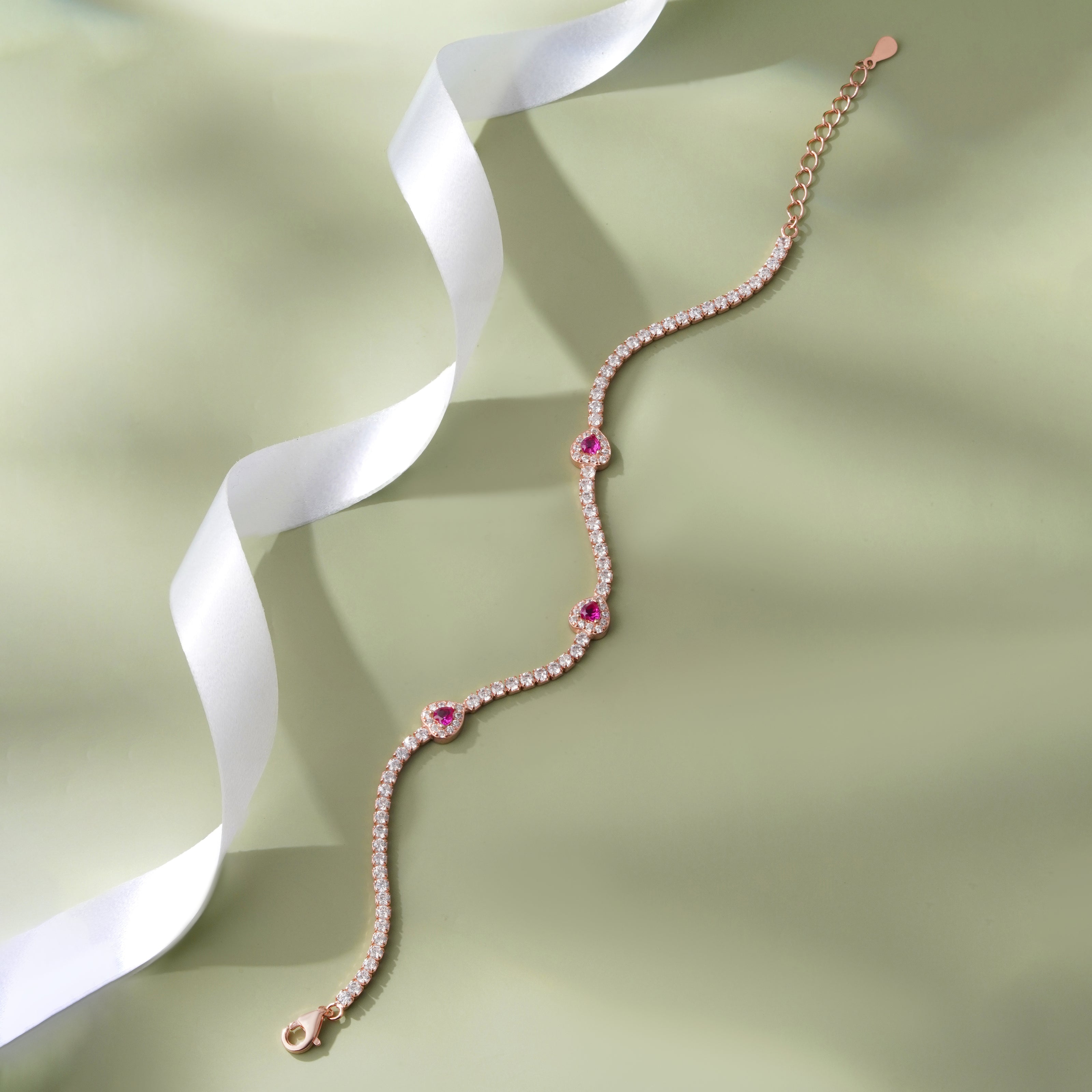 Diamond Pink Heart Design Line 925 Sterling Silver Rose Gold Bracelet for Women