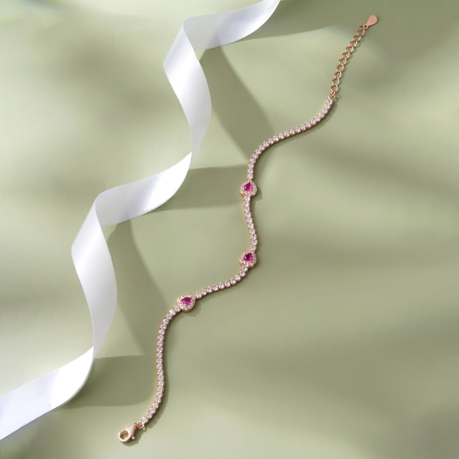 Diamond Pink Heart Design Line 925 Sterling Silver Rose Gold Bracelet for Women
