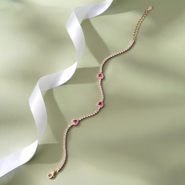 Diamond Pink Heart Design Line 925 Sterling Silver Rose Gold Bracelet for Women