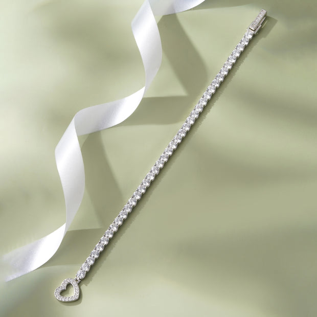 Curve Diamond Heart Charm 925 Sterling Silver Tennis Bracelet for Women