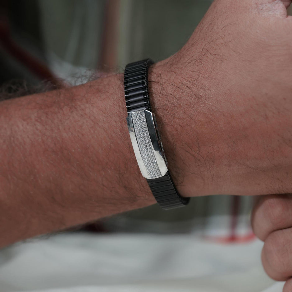 Black Rubber Curved CZ 925 Sterling Silver Bracelet for Men
