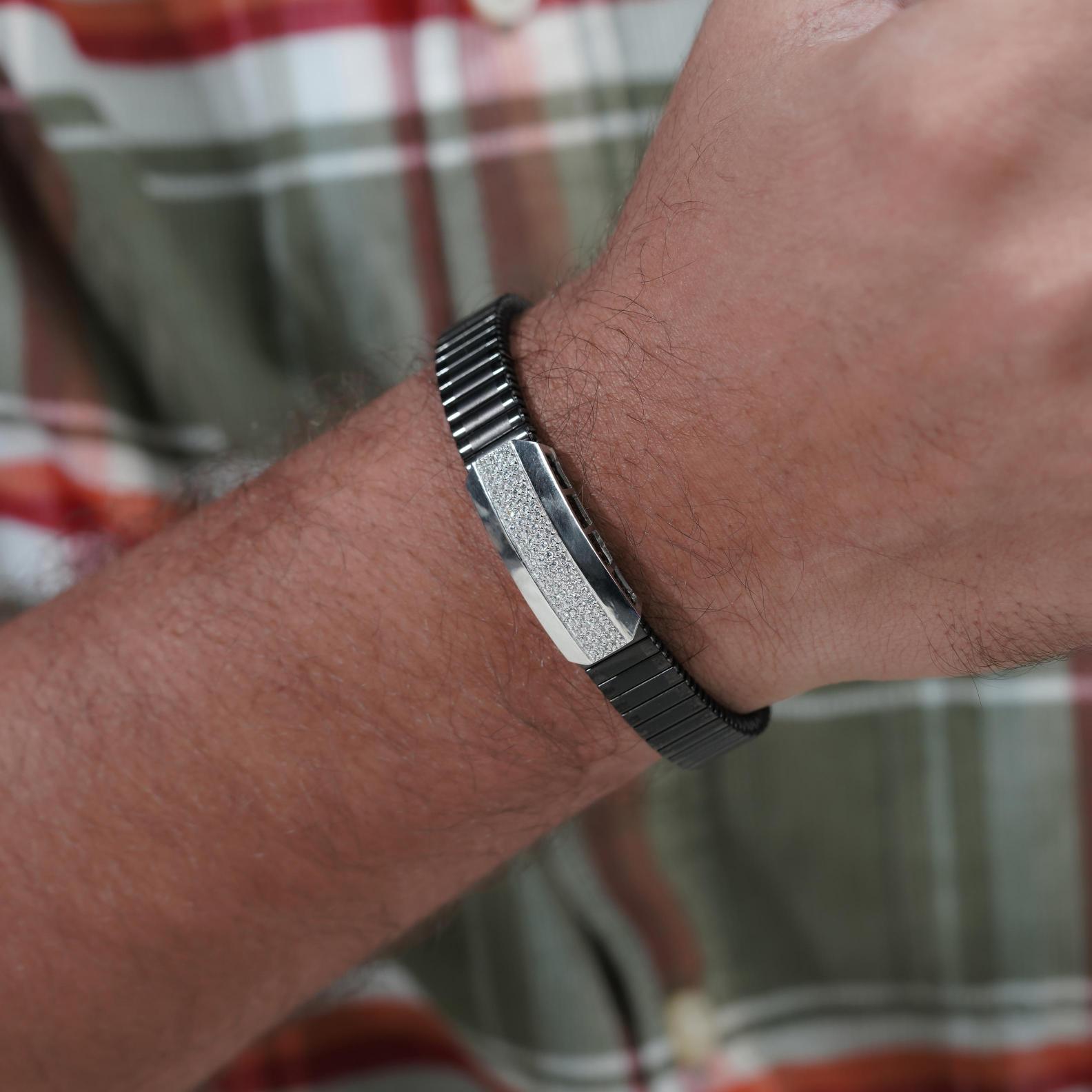 Black Rubber Curved CZ 925 Sterling Silver Bracelet for Men