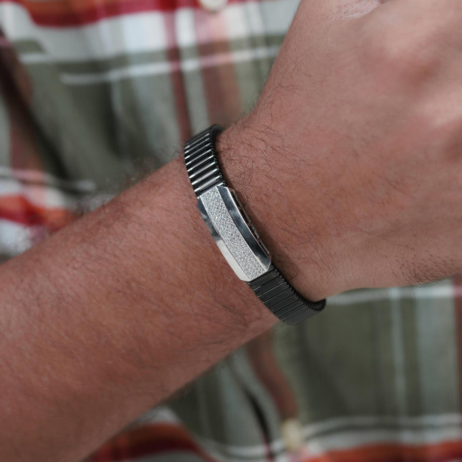 Black Rubber Curved CZ 925 Sterling Silver Bracelet for Men
