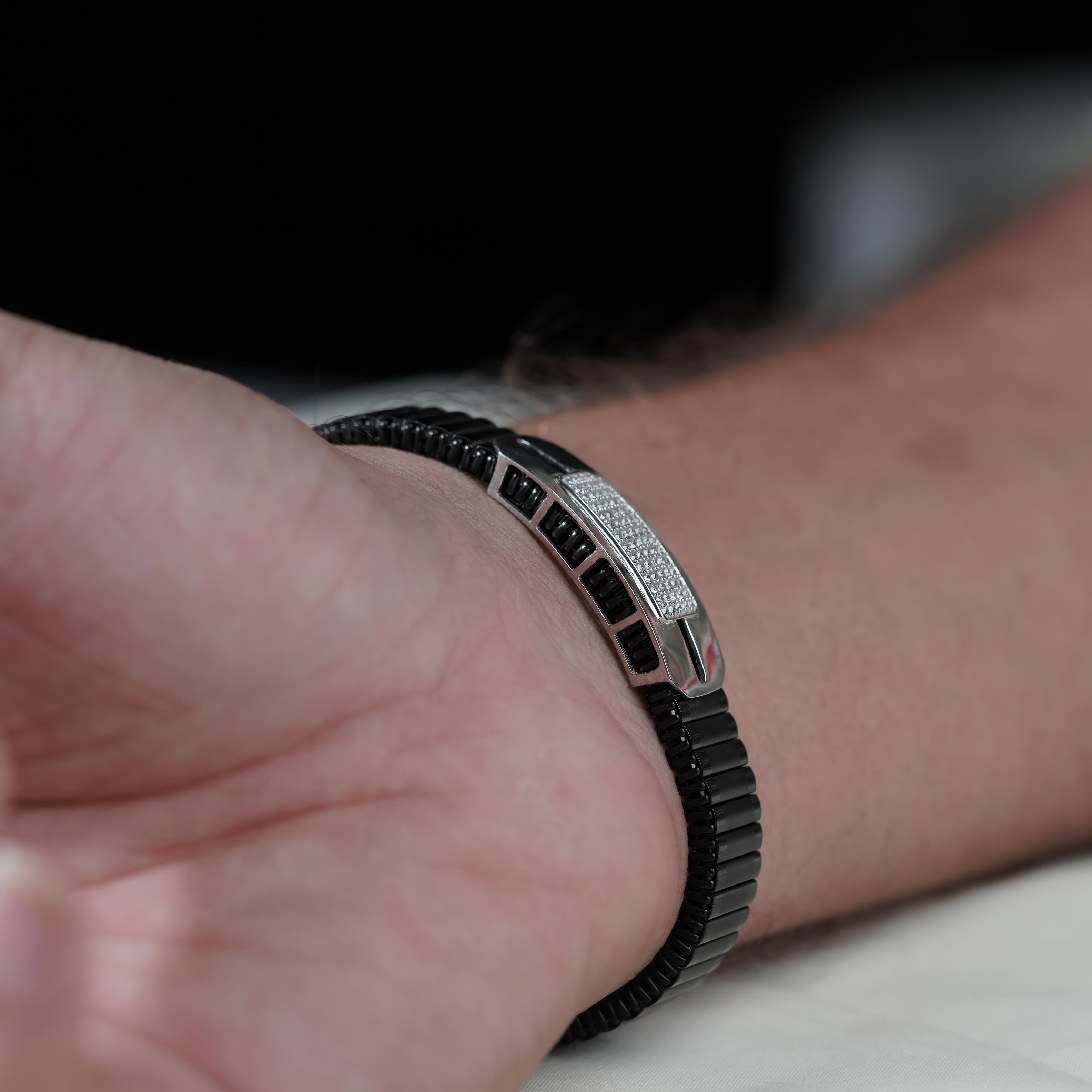 Black Rubber Silver CZ 925 Sterling Silver Bracelet for Men